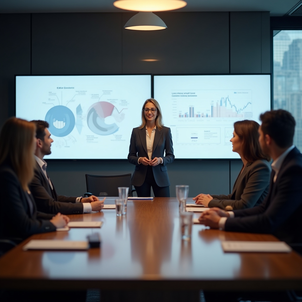 Manager prezentând în sala de consiliu în cadrul unui workshop de formare
