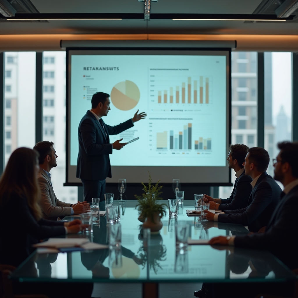 Manager prezentând cu încredere în fața unui consiliu de administrație