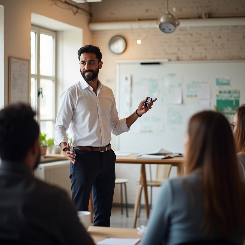 Participant exersând tehnici de prezentare în fața grupului