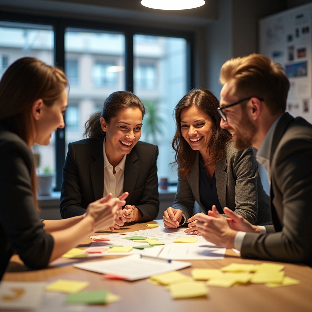 Grup de manageri discutând în cadrul unui workshop de comunicare